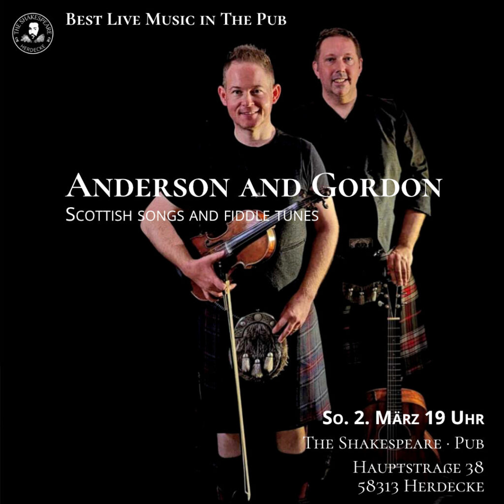 Best Live Music in The Shakespeare Pub - Anderson and Gordon - Scottish songs and fiddle tunes