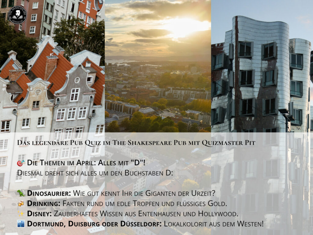 Das legendäre Pub Quiz im The Shakespeare Pub mit Quizmaster Pit 🎯 Die Themen im April: Alles mit "D"!