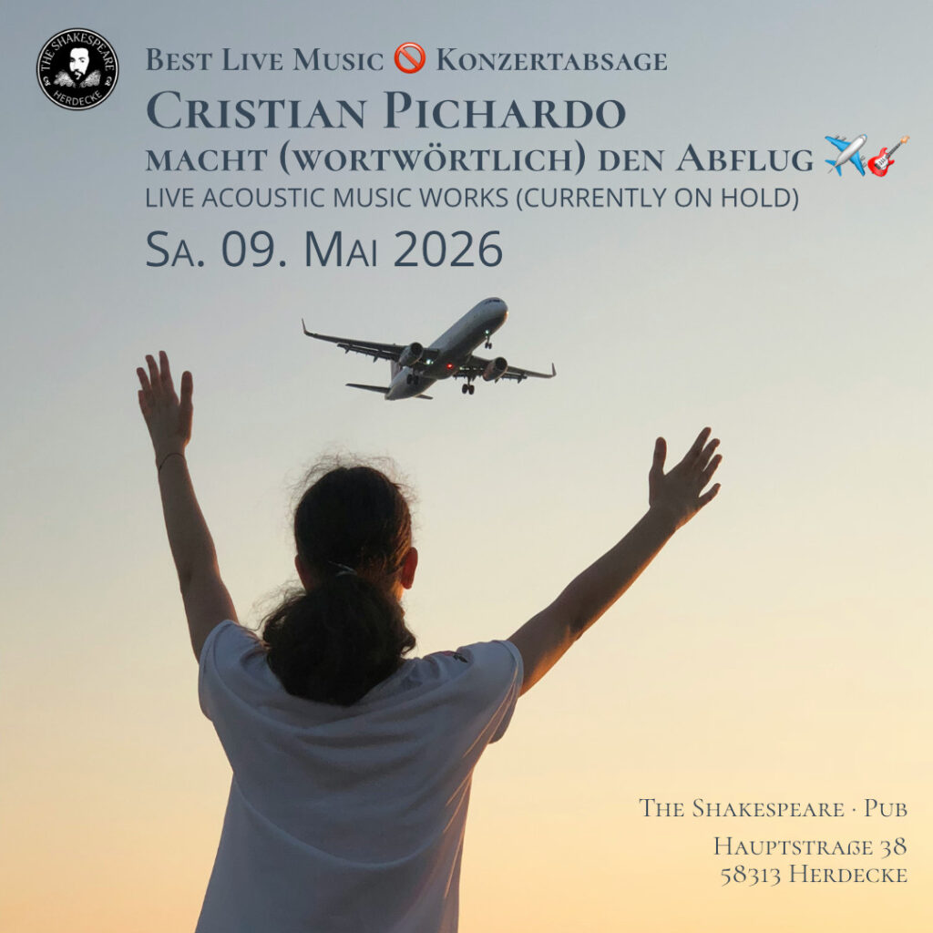 Konzertabsage
Cristian Pichardo
macht (wortwörtlich) den Abflug ✈️🎸
LIVE ACOUSTIC MUSIC WORKS (CURRENTLY ON HOLD)
Sa. 09. Mai 2026