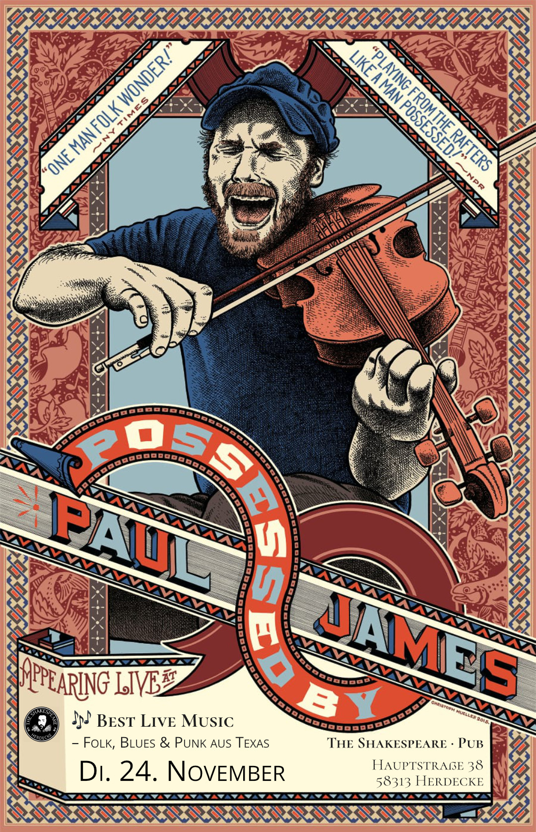 Best Live Music in The Shakespeare Pub. Live on Stage: Possessed by Paul James – Folk, Blues & Punk aus Texas 24. Nov 2026